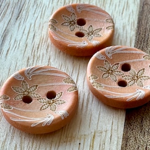 Apricot Bloom Carved Floral Wood Button 15mm Floral Design Cardigan Chic Doll Clothes Craft Fasteners Sleeve Natural Organic (6 piece set)