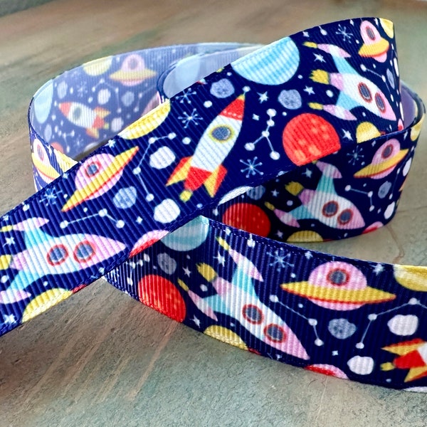 Rocket Man Grosgrain Ribbon 16mm 25mm Rocket Ship Ribbon Outer Space Theme Trim Decor Blue Planet