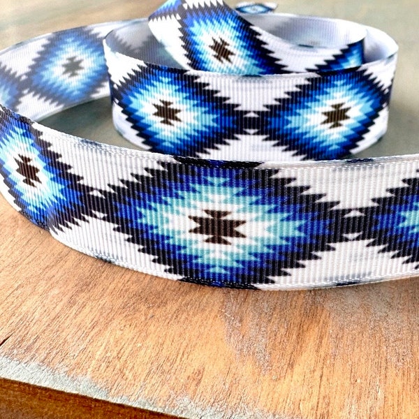 Aztec Blues Grosgrain Ribbon 22mm Blue Tribal Ribbon Boho Ribbon Southwest Design Craft Ribbon