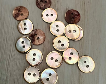 Iridescent Sea Shell Buttons 11.5mm Natural Seashell Colorful Gold Trim Cardigan Doll Clothes Craft 2 eye Fastener Colorful (6 piece set)