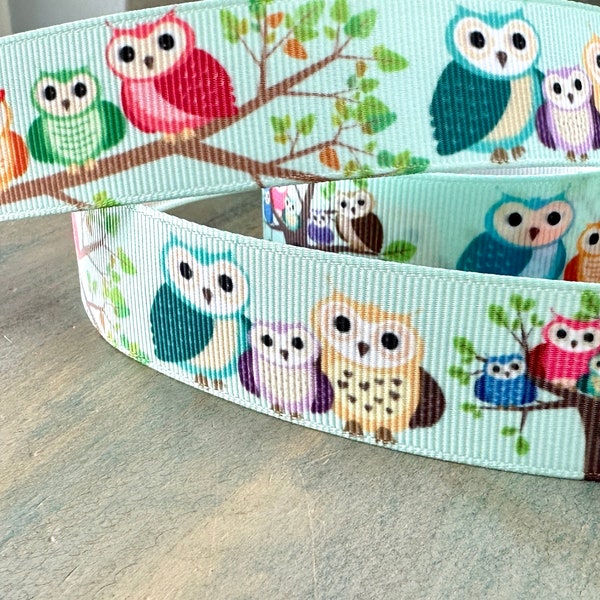 Owl Love Grosgrain Ribbon 10mm 16mm 25mm Owls in Trees Ribbon for Craft or Doll Clothes Hooters Family