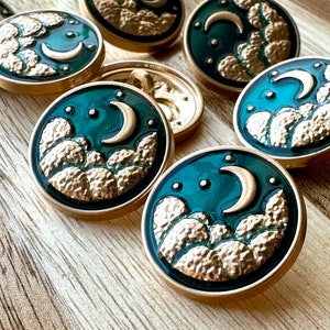 Crescent Moon Teal Enamel Metal Shank Buttons 5 Piece 17mm Metal Green Buttons Cardigan Fancy Fasteners Vintage Inspired Coat Gold