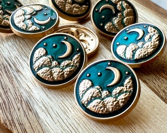 Crescent Moon Teal Enamel Metal Shank Buttons 5 Piece 17mm Metal Green Buttons Cardigan Fancy Fasteners Vintage Inspired Coat Gold