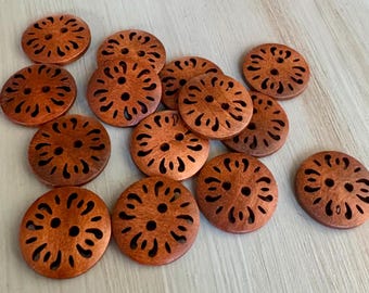 23mm - Carved Round Rustic Brown Buttons (6 piece set) 2 eye