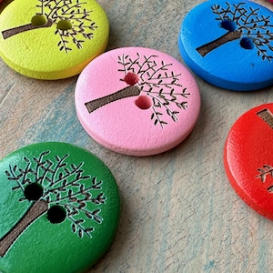 Rainbow Tree Wooden Buttons 20mm Random Mix Round Colorful Wood Button 2 eye Fastener for Cardigan Jacket Doll Etched Tree (6 piece set)