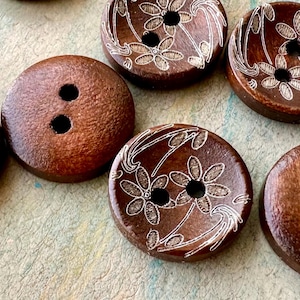 Coffee Brown Flower Carved Wood Buttons 15mm Breezy Floral Button Wooden Fastener for Cardigan Jacket Doll Crochet Round 2 eye (6 Piece set)