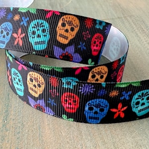 Rainbow Skulls n Flowers Grosgrain Ribbon 22mm Black Sugar Skull Ribbon Day of the Dead Decor Halloween Skull Black Ribbon