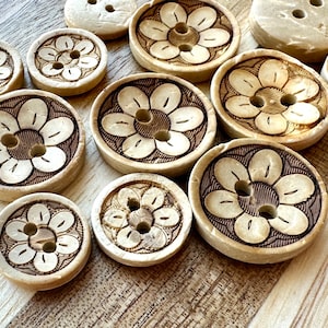 Flower Coconut Buttons 13mm 15mm 18mm Beige Natural Coconut Shell Wood Button Cardigan Brown Rustic 2 eye Fastener Folksy (6 piece set)