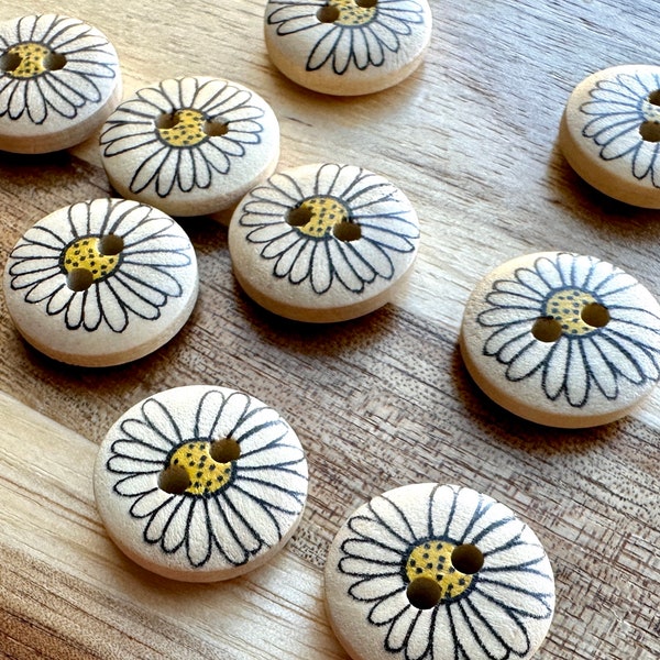 White Daisy Buttons 8 Pieces 15mm Pretty Floral Wood Buttons Cardigan Chic Doll Clothes Craft Fasteners