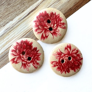 Pink Dahlia Wood Buttons 23mm Floral Round Button Craft Doll Clothes Cardigan 2 eye Fastener Sewing Notion Passion Flower (6 piece set)