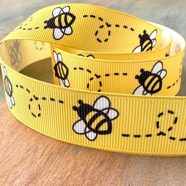 Bumble Bees Grosgrain Ribbon 10mm 16mm 22mm Yellow Ribbon for Bee Lover Bumblebee Nature Ribbon Save the Bees Black and Yellow