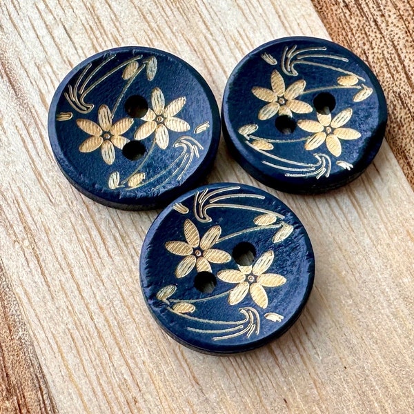 Blue Asian Floral Buttons 6 Pieces 15mm Round Navy Gold Painted Wood Buttons Wooden Fasteners for Cardigan Jacket Doll Crochet