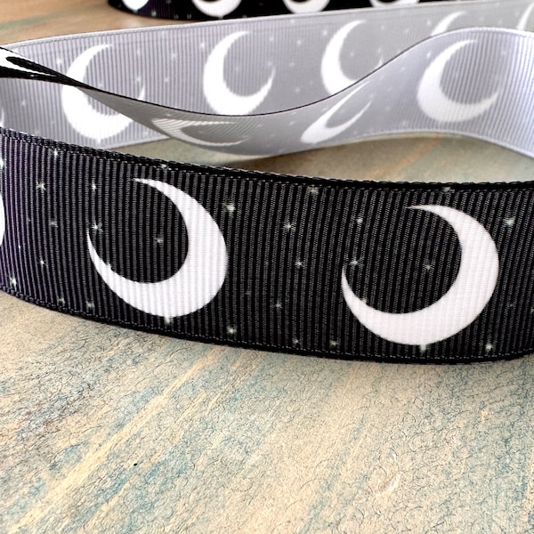 Moons Grosgrain Ribbon 10mm 16mm 25mm Black Crescent Moon and Stars Ribbon Minimalist Black Ribbon Trim for Fall Decor Witch Occult