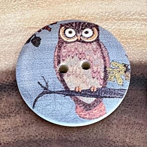 Forest Owl Assorted Buttons 15mm 30mm Painted Wood Buttons 2 eye Fasteners Avian Collage Cardigan Jacket Doll Crochet Wooden Large (5 piece)