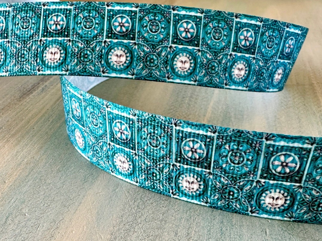 Persian Ribbon Blue Mosaic Tiles Grosgrain Ribbon 25mm Moroccan Tile Aqua Ribbon ...