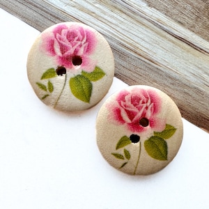 Pink Rose Wood Buttons 23mm Beige Round Roses 2 eye Floral Button Bachelor Cardigan Button Vintage Thrift Notion (6 piece set)