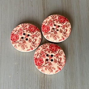 Pink Rose Garden Wooden Buttons 30mm Round Natural 4 eye Floral Button Cardigan Jacket Doll Crochet Pink Red Blossom Vintage (6 piece set)