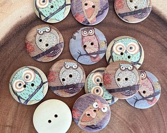 Forest Owl Assorted Painted Wood Buttons 15mm  2 eye Fasteners (6 piece)