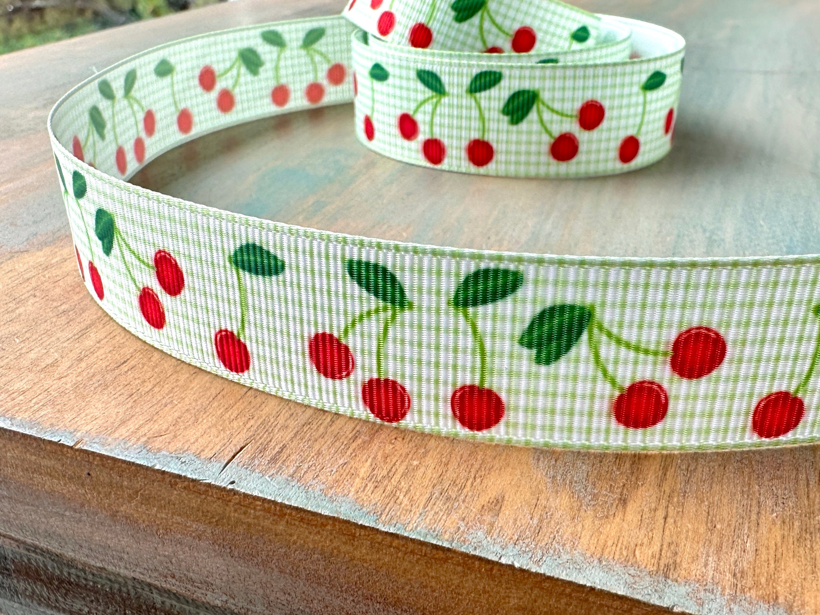 Cherries Gingham Grosgrain Ribbon 22mm Green Ribbon Fruit BBQ Decor Summer Party Fun Red Cherry Fruit Ribbon