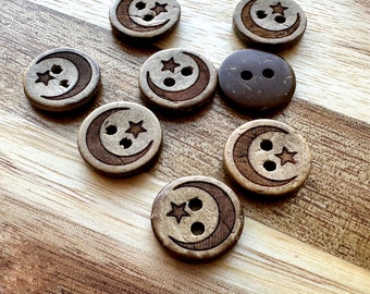 Moon and Stars Coconut Buttons 10 Pieces 12mm Coconut Wood Zodiak Buttons Cardigan Brown Rustic Fasteners Engraved