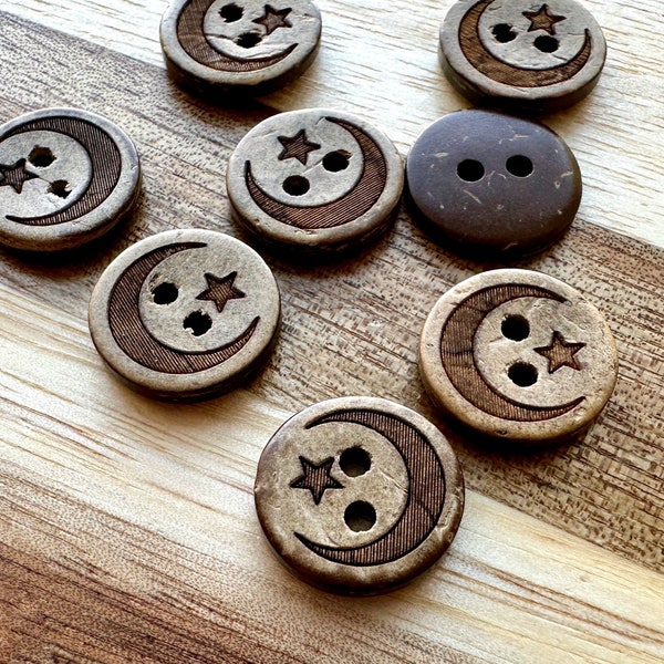Moon and Stars Coconut Buttons 10 Pieces 12mm Coconut Wood Zodiak Buttons Cardigan Brown Rustic Fasteners Engraved