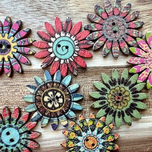 Flower Bloom Shape Wooden Buttons 26mm Random Mix 2 Eye Fastener  (6 piece set)
