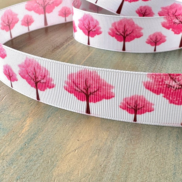 Blooming Trees Grosgrain Ribbon 16mm 25mm White Ribbon Pink Tree Nature Ribbon for Craft Nature Lover Dogwood