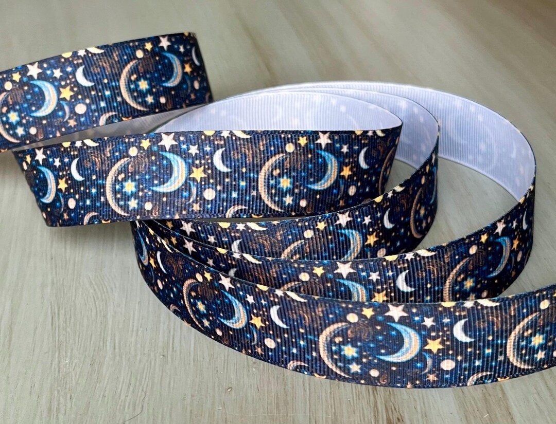 Sun Moon Stars Grosgrain Ribbon 22mm White and Deep Blue Gold Ribbon ...