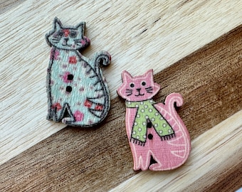 Cat Buttons for Sewing 18x30mm Random Mix Wooden Feline Craft Buttons Colorful Cardigan 2 eye Fasteners (6 piece set)