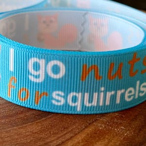 May include: Blue ribbon with the text "I go nuts for squirrels" in white and orange lettering. A cartoon squirrel is pictured on the left side of the ribbon.