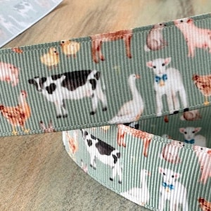 Farm Friends Grosgrain Ribbon 25mm Animal Cow Birthday Party Animal Ribbon Green Ribbon Farm Pig Sheep Lamb Goat Chicken Goose