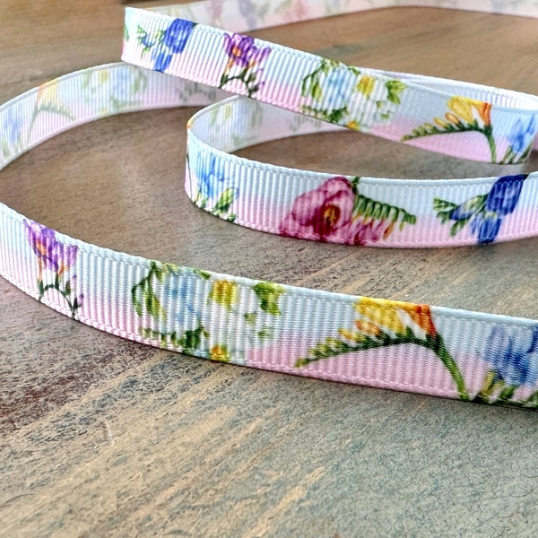 Blue Clematis Grosgrain Ribbon 10mm Pastel Pink Ribbon Spring Floral Trim Craft Thin Ribbon