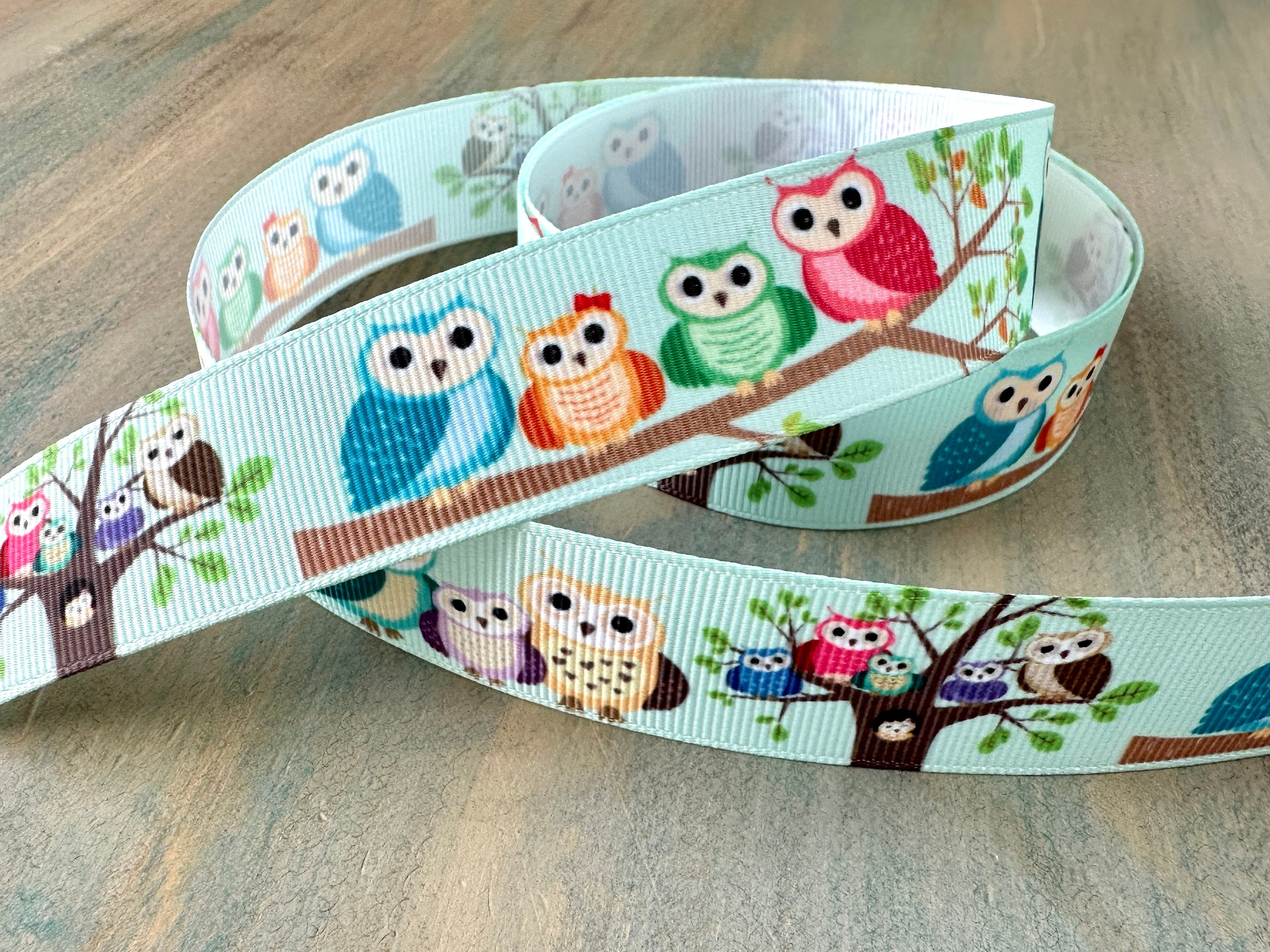 Owl Love Grosgrain Ribbon 10mm 16mm 25mm Owls in Trees Ribbon for Craft or Doll Clothes Hooters Fami