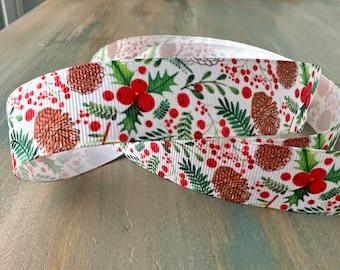 Christmas Holly Grosgrain Ribbon 16mm 25mm White Christmas Ribbon Mistletoe Ribbon Pinecone Winter Decor Gift Wrap Festive Holiday