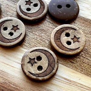Moon Stars Coconut Buttons 12mm Round  Carved Celestial Buttons Cardigan Brown Fasteners Engraved Magic Zodiac (10 piece set)