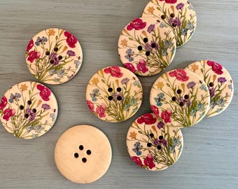 Wild Flower Garden Wood Buttons 30mm 4 eye Width, (5 piece set)