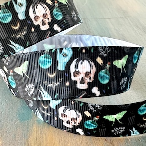 Poison Skull Grosgrain Ribbon 25mm Black Printed Grosgrain Tape Scary Trim for Crafts Halloween Spooky