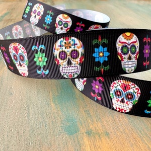 Sweet Skulls Grosgrain Ribbon 25mm Black Ribbon Sugar Skull Day of the Dead Ribbon Decor Floral Skeleton Holiday Ribbon
