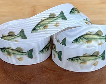 Green Fish White Ribbon Grosgrain Ribbon 25mm