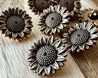 Ancient Gold Sunflower Shank Metal Buttons 5 Piece 18mm Metal Floral Buttons Cardigan Fancy Fasteners Vintage Inspired Daisy