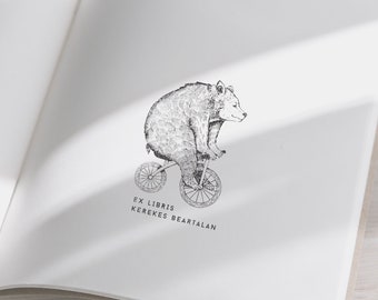 BEAR ON BICYCLE Exlibris stamp,   Book Stamp,Personalized Stamp,Custom,Unique Personal Stamp,Ex-Libris Rubber Stamp, Custom Stamp,Sceau