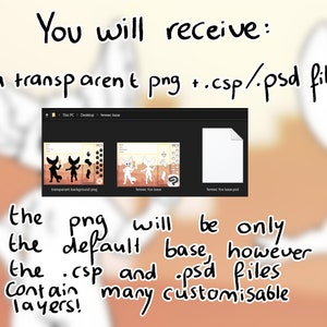 Op de afbeelding: Afbeelding van een digitaal kunstproduct. Tekst luidt: "U ontvangt: -een transparante png +.csp/.psd bestand". De afbeelding toont een verkenner-venster met een transparante achtergrond png, een fennek-basis en een fennek-basis psd-bestand.