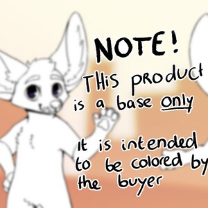Op de afbeelding: Zwart-wit illustratie van een cartoonachtig, vosachtig karakter met grote oren en paarse ogen. De tekst op de afbeelding luidt: "OPMERKING! Dit product is alleen een basis. Het is bedoeld om door de koper te worden ingekleurd."