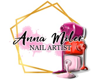 May include: A logo for a nail artist named Anna Miller. The logo features a gold geometric frame with a pink watercolor splatter. Three nail polish bottles are stacked on top of each other, with the pink bottle at the bottom, the red bottle in the middle, and the purple bottle on top.