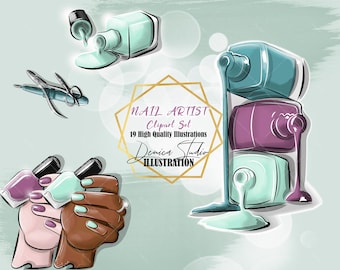 Puede incluir: Ilustración digital de botellas de esmalte de uñas en verde azulado, morado y rosa, con esmalte derramado y herramientas para uñas. La imagen incluye el texto "NAIL ARTIST Clipart Set 19 High Quality Illustrations Denica Studio ILLUSTRATION."