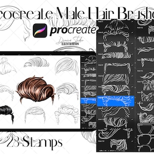 以下が含まれることがあります： 男性向けのProcreateヘアブラシ28個のデジタルイラスト。ブラシには、さまざまなヘアスタイル、口ひげ、メガネが含まれています。画像には「Procreate Male Hair Brushes」と「28 Stamps」のテキストが表示されています。