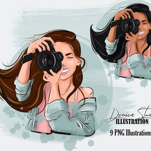 Girl With Camera Clipart Set, Photographer Clipart Photography Clipart Theme PNG Camera Clipart Invitation Planner Stickers Photography Logo
