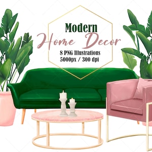 Modern Home Decor Clipart Set: Furniture & Decor Theme (PNG Digital Download)