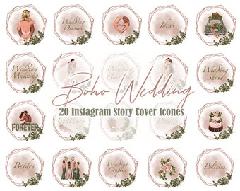 May include: Twenty Instagram story cover icons with a boho wedding theme. The icons feature illustrations of wedding dresses, hair styles, makeup, shoes, couples, details, and more. The icons are in a geometric frame with a watercolor background.