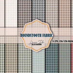 Op de afbeelding: Een set van 14 digitale papierpatronen met ruitjespatronen in verschillende kleuren, waaronder zwart, wit, bruin, beige, groen, blauw en rood. De papieren zijn 30,48 cm bij 30,48 cm en zijn in JPG-formaat. De tekst "Houndstooth Fabric" wordt weergegeven in een gouden frame.